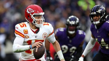 BALTIMORE, MARYLAND - JANUARY 28: Patrick Mahomes #15 of the Kansas City Chiefs rolls out to pass against the Baltimore Ravens in the AFC Championship Game at M&T Bank Stadium on January 28, 2024 in Baltimore, Maryland.   Rob Carr/Getty Images/AFP (Photo by Rob Carr / GETTY IMAGES NORTH AMERICA / Getty Images via AFP)