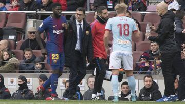 Umtiti se retira lesionado en el partido contra el Celta.