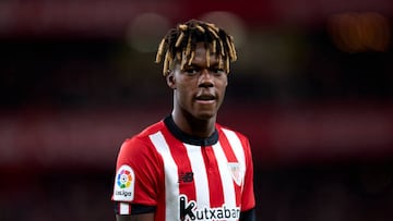 BILBAO, SPAIN - JANUARY 22: Nico Williams of Athletic Club looks on during the LaLiga Santander match between Athletic Club and Real Madrid CF at San Mames Stadium on January 22, 2023 in Bilbao, Spain. (Photo by Ion Alcoba/Quality Sport Images/Getty Images)