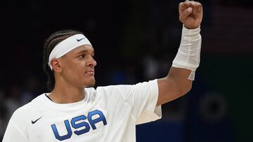 Basketball - FIBA World Cup 2023 - First Round - Group C - United States of America v New Zealand - Mall of Asia Arena, Manila, Philippines - August 26, 2023 Paolo Banchero of the U.S. celebrates after the match REUTERS/Lisa Marie David