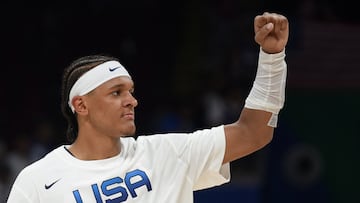 Basketball - FIBA World Cup 2023 - First Round - Group C - United States of America v New Zealand - Mall of Asia Arena, Manila, Philippines - August 26, 2023 Paolo Banchero of the U.S. celebrates after the match REUTERS/Lisa Marie David