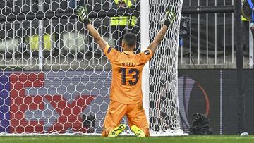 Rulli of Villarreal CF celebrates after saving the winning penalty from David de Gea to win the UEFA Europa League.