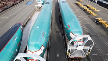 FILE PHOTO: A drone view shows Boeing 737 MAX fuselages atop rail cars at a train yard in Seattle, Washington, U.S., December 5, 2024. REUTERS/Matt Mills McKnight/File Photo