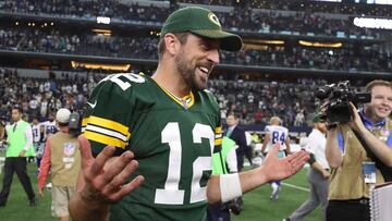 Oct 8, 2017; Arlington, TX, USA; Green Bay Packers quarterback Aaron Rodgers (12) celebrates a victory after the game against the Dallas Cowboys at AT&T Stadium. Mandatory Credit: Matthew Emmons-USA TODAY Sports