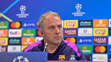 Barcelona's German coach Hans-Dieter Flick gives a press conference on the eve of their UEFA Champions League quarter final football match against Club Atletico de Madrid at the Joan Gamper training ground in Sant Joan Despi, near Barcelona, on April 7, 2026. (Photo by MANAURE QUINTERO / AFP)