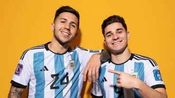 DOHA, QATAR - NOVEMBER 19: Enzo Fernandez (L) and Julian Alvarez of Argentina pose during the official FIFA World Cup Qatar 2022 portrait session on November 19, 2022 in Doha, Qatar. (Photo by David Ramos - FIFA/FIFA via Getty Images)