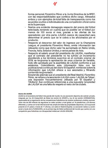 LaLiga acusa a Florentino de difundir “falsedades”