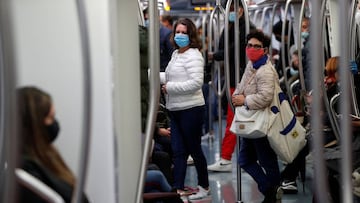 Passengers wearing protective face masks travel on a subway as Italy adopts new restrictions aimed at curbing a surge in the coronavirus disease (COVID-19) infections, in Rome, Italy October 15, 2020. REUTERS/Stringer