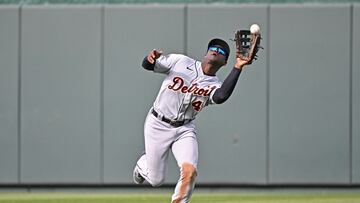 Apr 16, 2022; Kansas City, Missouri, USA;  Detroit Tigers center fielder Daz Cameron (41) runs in to catch a fly ball during the fifth inning against the Kansas City Royals at Kauffman Stadium. Mandatory Credit: Peter Aiken-USA TODAY Sports