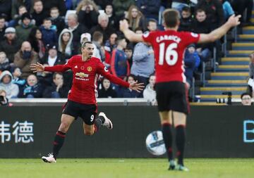 Manchester United's Zlatan Ibrahimovic celebrates scoring against Swansea City.