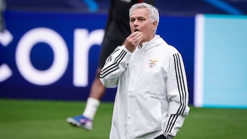 SL Benfica's Portuguese head coach Jose Mourinho gestures during a training session on the eve of their UEFA Champions League knockout round play-off second leg football match against Real Madrid CF at Santiago Bernabeu Stadium in Madrid on February 24, 2026. (Photo by Oscar DEL POZO / AFP)