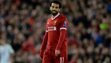 Mohamed Salah del Liverpool reacciona durante el partido de ida de semifinales de la Liga de Campeones entre el Liverpool FC y la AS Roma que se juega hoy, martes 24 de abril de 2018, en el estadio de Anfield de Liverpool (Reino Unido).