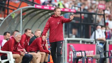 VILLINGEN-SCHWENNINGEN, GERMANY - JULY 17: Julian Nagelsmann, Head coach of FC Bayern Muenchen reacts during a pre-season friendly match between 1. FC K&ouml;ln and FC Bayern M&uuml;nchen at MS Technologie-Arena on July 17, 2021 in Villingen-Schwenningen,