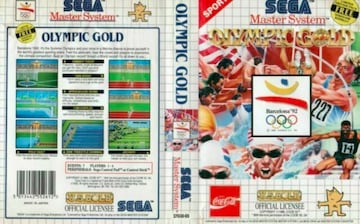 Portada y contraportada de Olympic Gold (1992), para Mega Drive, Master System y Game Gear. El primer título con la licencia oficial del Comité Olímpico Internacional (COI) y el primero patrocinado por Coca-Cola.