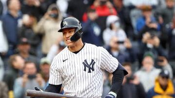 NEW YORK, NEW YORK - OCTOBER 02:  Aaron Judge #99 of the New York Yankees reacts after striking out in the seventh inning against the Baltimore Orioles at Yankee Stadium on October 02, 2022 in the Bronx borough of New York City. (Photo by Elsa/Getty Images)