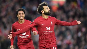 LIVERPOOL, ENGLAND - OCTOBER 16: ( THE SUN OUT ,THE SUN ON SUNDAY OUT ) Mohamed Salah of Liverpool celebrates after scoring the first goal during the Premier League match between Liverpool FC and Manchester City at Anfield on October 16, 2022 in Liverpool, England. (Photo by John Powell/Liverpool FC via Getty Images)