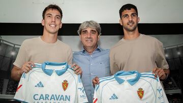 05/08/2025. Presentacion de Pomares y Paulino como nuevos jugadores Del Real Zaragoza. Txema Indias