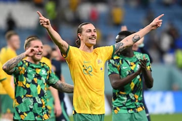 AL WAKRAH, QATAR - NOVEMBER 30: Jackson Irvine of Australia celebrates after the 1-0 win during the FIFA World Cup Qatar 2022 Group D match between Australia and Denmark at Al Janoub Stadium on November 30, 2022 in Al Wakrah, Qatar. (Photo by Claudio Villa/Getty Images)