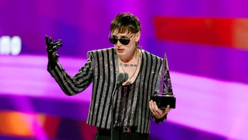 LAS VEGAS, NEVADA - APRIL 25: Peso Pluma accepts the award for "Best Album - Regional Mexican" onstage during the 2024 Latin American Music Awards at MGM Grand Garden Arena on April 25, 2024 in Las Vegas, Nevada. (Photo by Ethan Miller/Getty Images)