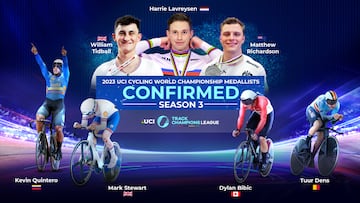 Cartel promocional de la Champions League de Ciclismo en Pista con la presencia de Harrie Lavreysen, Matthew Richardson y William Tidball.