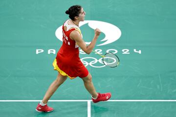 Carolina Marín celebra una acción durante el partido contra Aya Ohori. 