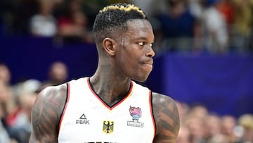 Germany's Dennis Schroder reacts during the FIBA Eurobasket 2022 semi-final basketball match between Germany and Spain in Berlin on September 16, 2022. (Photo by Tobias SCHWARZ / AFP)