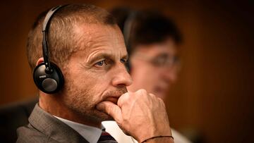 UEFA president Aleksander Ceferin looks on during a press conference to announce Spain, Portugal and Ukraine�s bid for the 2030 World Cup at the UEFA headquarters in Nyon on October 5, 2022. (Photo by GABRIEL MONNET / AFP)