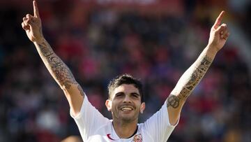 Sevilla's Argentinian midfielder Ever Banega celebrates after scoring a goal during the Spanish league football match between RCD Mallorca and Sevilla FC at the Son Moix stadium in Palma de Mallorca on December 21, 2019. (Photo by JAIME REINA / AFP)