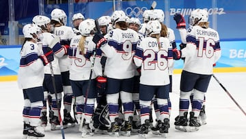 Team United States celebrates their win during the Women's Ice Hockey Preliminary Round Group A match between Team United States and Team Finland at Wukesong Sports Centre on February 03, 2022 in Beijing, China.