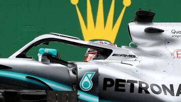 NORTHAMPTON, ENGLAND - JULY 13: Second place qualifier Lewis Hamilton of Great Britain and Mercedes GP stops in parc ferme during qualifying for the F1 Grand Prix of Great Britain at Silverstone on July 13, 2019 in Northampton, England. (Photo by Charles Coates/Getty Images)