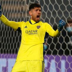 Boca Juniors' goalkeeper Agustin Rossi celebrates during the penalty shootout of the Copa Argentina round before quarterfinals footballl match against River Plate in Ciudad de La Plata stadium, in La Plata, Buenos Aires province, Argentina, on August 4, 2021. (Photo by AGUSTIN MARCARIAN / POOL / AFP)