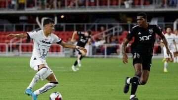 Jul 29, 2023; Washington, D.C., USA; Pumas UNAM midfielder Jorge Ruvalcaba (17) dribbles the ball as D.C. United defender Donovan Pines (23) defends in the first half at Audi Field. Mandatory Credit: Geoff Burke-USA TODAY Sports