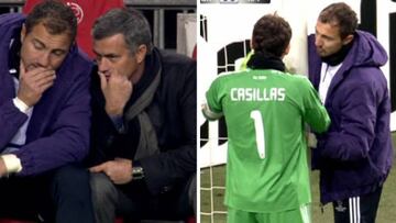 José Mourinho da instrucciones a Jerzy Dudek y el polaco le da el mensaje a Iker Casillas.