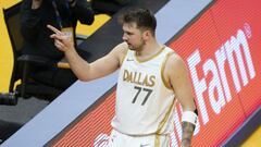 April 27, 2021; San Francisco, California, USA; Dallas Mavericks guard Luka Doncic (77) celebrates against the Golden State Warriors during the third quarter at Chase Center. Mandatory Credit: Kyle Terada-USA TODAY Sports