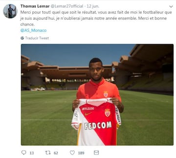 Desde su cuenta oficial de Twitter, Lemar se despedía del AS Mónaco.