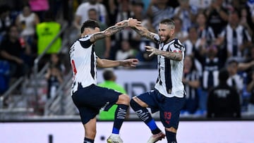 Soccer Football - Liga MX - Monterrey v Necaxa - Estadio BBVA, Monterrey, Mexico - August 23, 2025 Monterrey's Sergio Ramos celebrates scoring their third goal with Lucas Ocampos REUTERS/Cristian De Marchena