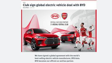 El anuncio del acuerdo falso entre BYD Auto y el Arsenal sigue colgado en la web.