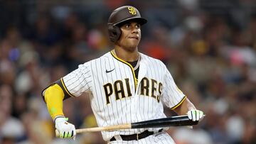 SAN DIEGO, CALIFORNIA - AUGUST 09: Juan Soto #22 of the San Diego Padres reacts to a called strike during the fourth inning of a game against the San Francisco Giants at PETCO Park on August 09, 2022 in San Diego, California.   Sean M. Haffey/Getty Images/AFP
== FOR NEWSPAPERS, INTERNET, TELCOS & TELEVISION USE ONLY ==