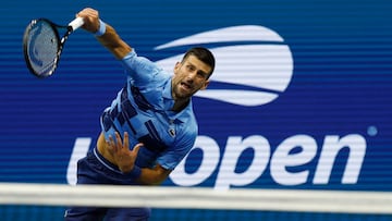 Aug 28, 2024; Flushing, NY, USA; Novak Djokovic (SRB) serves against Laslo Djere (SRB)(not pictured) in a men's singles match on day three of the U.S. Open tennis tournament at USTA Billie Jean King National Tennis Center. Mandatory Credit: Geoff Burke-USA TODAY Sports