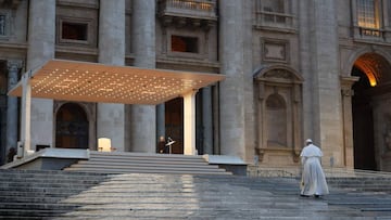 Pope Francis walks towards the platform to preside over a moment of prayer on the sagrato of St Peterx92s Basilica, the platform at the top of the steps immediately in front of the faxE7ade of the Church, to be concluded with the Pope giving the Urbi et O