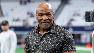 FILE PHOTO: Sep 15, 2024; Arlington, Texas, USA; Boxer Mike Tyson on the field before the game between the Dallas Cowboys and New Orleans Saints at AT&T Stadium. Mandatory Credit: Kevin Jairaj-Imagn Images/File Photo