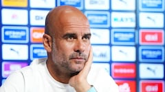 El entrenador del Manchester City, Pep Guardiola, durante una rueda de prensa.