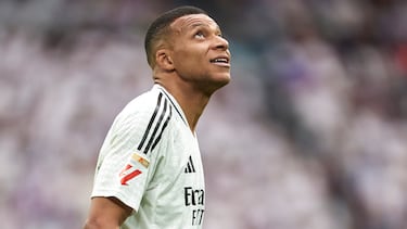 MADRID, SPAIN - MAY 24: Kylian Mbappe of Real Madrid looks on during the LaLiga EA Sports match between Real Madrid CF and Real Sociedad at Estadio Santiago Bernabeu on May 24, 2025 in Madrid, Spain. (Photo by Mateo Villalba/Getty Images)
