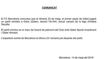 Comunicado del Barcelona anunciando el partido.