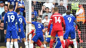 Soccer Football - Premier League - Liverpool v Chelsea - Anfield, Liverpool, Britain - August 28, 2021 Chelsea's Reece James concedes a penalty by touching the ball with his hand REUTERS/Peter Powell EDITORIAL USE ONLY. No use with unauthorized audio