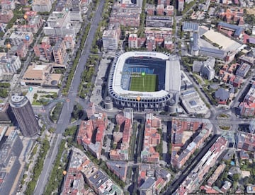 Vista aérea actual de la zona del estadio Santiago Bernabéu.