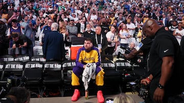 Apr 9, 2025; Dallas, Texas, USA; Los Angeles Lakers guard Luka Doncic (77) reacts while watching a tribute video before the game against the Dallas Mavericks at American Airlines Center. Mandatory Credit: Kevin Jairaj-Imagn Images