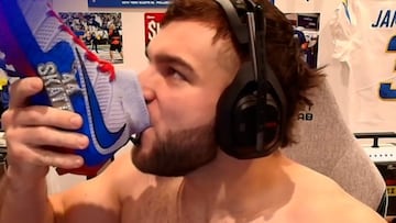 Cam Skattebo chugs energy drink straight from his cleat to celebrate 1K subscribers