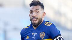 SAN JUAN, ARGENTINA - MAY 31: Carlos Tevez of Boca Juniors  reacts during a semifinal match of Copa de la Liga Profesional 2021 between Boca Juniors and Racing Club at San Juan del Bicentenario Stadium on May 31, 2021 in San Juan, Argentina. (Photo by Alexis Lloret/Getty Images)