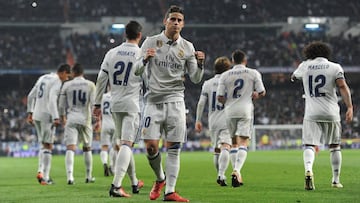 James celebra uno de sus dos goles con el Madrid.